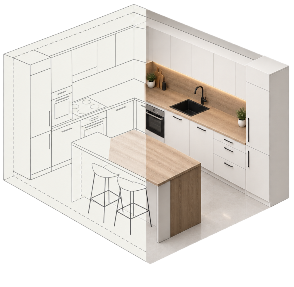 Isometric kitchen illustration, half sketch and half refreshed